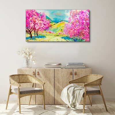 Obraz canvas Jarná krajinka v ružových odtieňoch