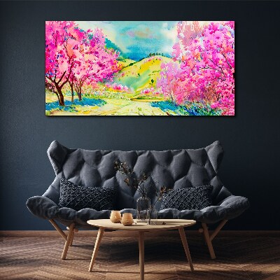 Obraz canvas Jarná krajinka v ružových odtieňoch