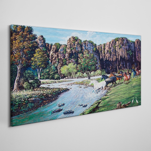 Obraz canvas Krajina s koňmi pri rieke
