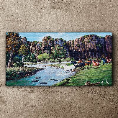 Obraz canvas Krajina s koňmi pri rieke