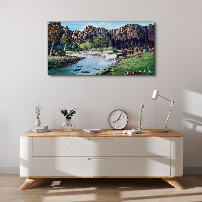 Obraz canvas Krajina s koňmi pri rieke