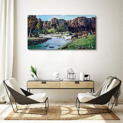 Obraz canvas Krajina s koňmi pri rieke