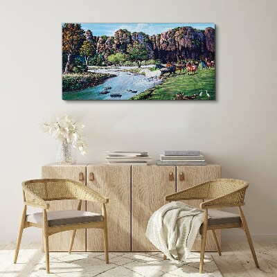 Obraz canvas Krajina s koňmi pri rieke