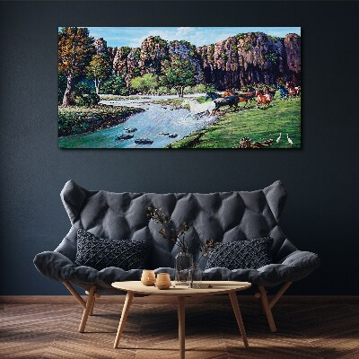 Obraz canvas Krajina s koňmi pri rieke