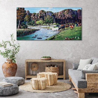 Obraz canvas Krajina s koňmi pri rieke