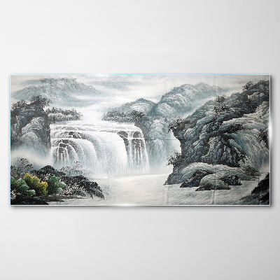 Skleneny obraz Horská rieka vodopád kríky