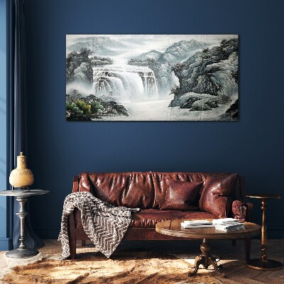 Skleneny obraz Horská rieka vodopád kríky