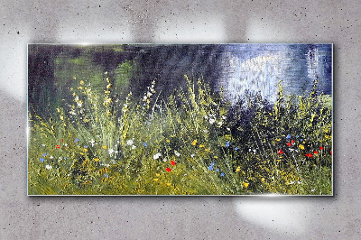 Skleneny obraz Rieka kvety tráva