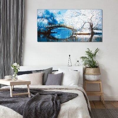 Skleneny obraz Zimné riečny strom most