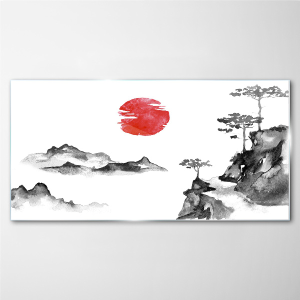 Skleneny obraz Japonská krajina s červenou guľou