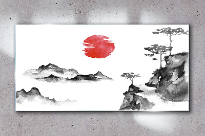 Skleneny obraz Japonská krajina s červenou guľou