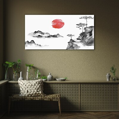 Skleneny obraz Japonská krajina s červenou guľou