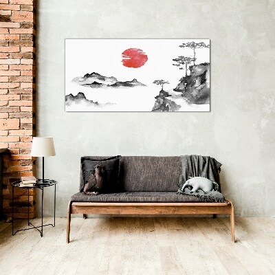 Skleneny obraz Japonská krajina s červenou guľou