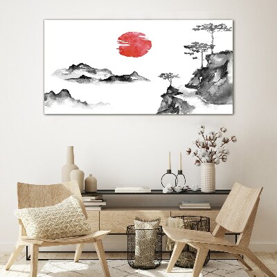 Skleneny obraz Japonská krajina s červenou guľou