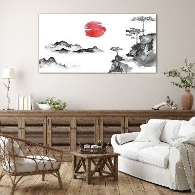 Skleneny obraz Japonská krajina s červenou guľou