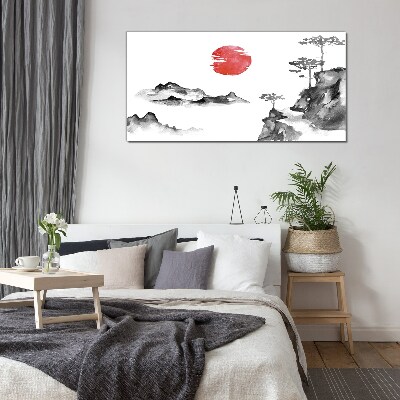 Skleneny obraz Japonská krajina s červenou guľou