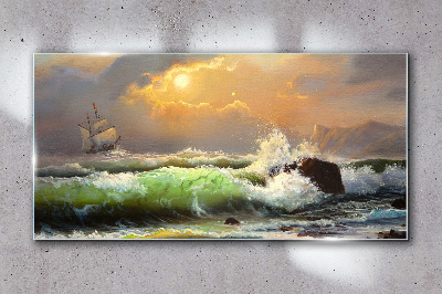 Skleneny obraz Vlny loď slnko