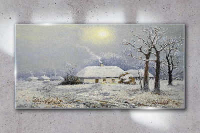 Skleneny obraz Zimná krajina s domom