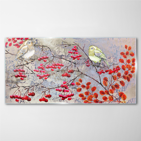 Skleneny obraz Vetvy ovocie listy vtákov