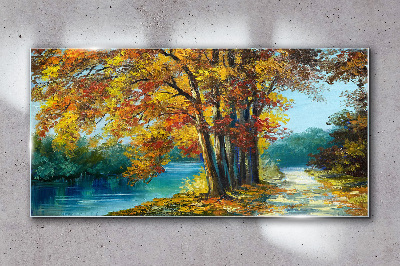 Skleneny obraz Lesné rieka strom lístia