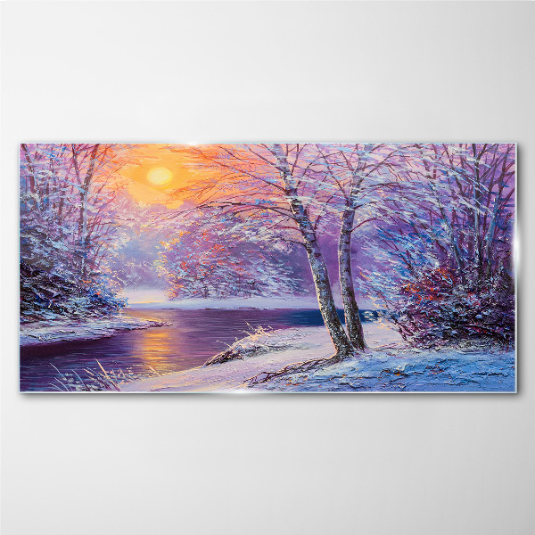 Skleneny obraz Zimné les les západ slnka na rieke