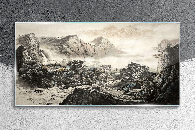 Skleneny obraz Čínske hory stromy