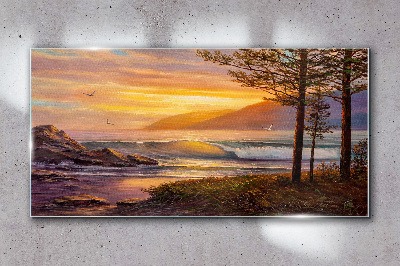 Skleneny obraz Stromy vlny západu slnka