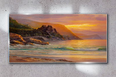 Skleneny obraz More západ slnka stromy