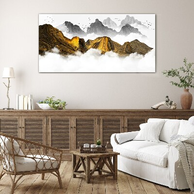 Skleneny obraz Abstrakcia horské hmly vtákov