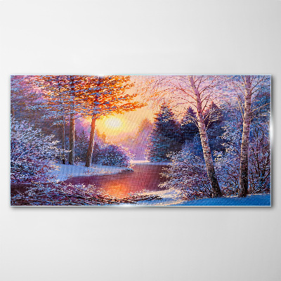 Skleneny obraz Západ slnka na rieke sneh