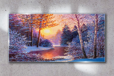Skleneny obraz Západ slnka na rieke sneh