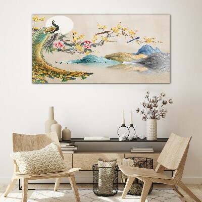 Skleneny obraz Abstrakcia hory páv kvety