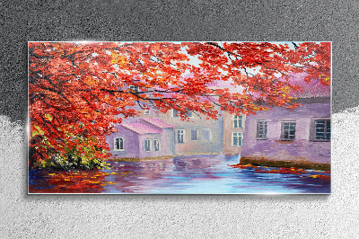 Skleneny obraz Maľovanie stromov domov