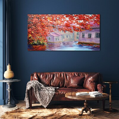 Skleneny obraz Maľovanie stromov domov