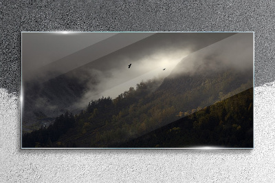 Skleneny obraz Zahmlená horská panoráma s vtákmi