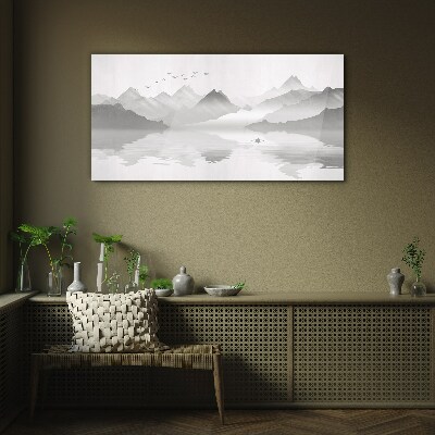 Skleneny obraz Abstrakcia jazero hory vtákov
