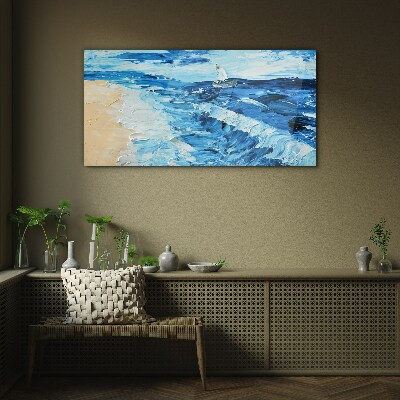 Skleneny obraz Maľovanie pobreží mora lodi