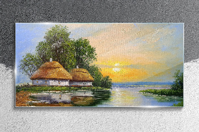 Skleneny obraz Pokojný západ slnka nad dedinou