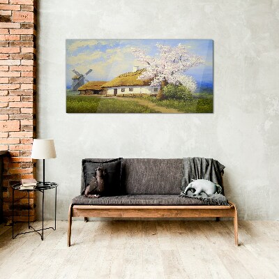 Skleneny obraz Maľovanie krajiny chata