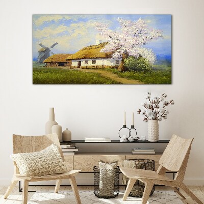 Skleneny obraz Maľovanie krajiny chata