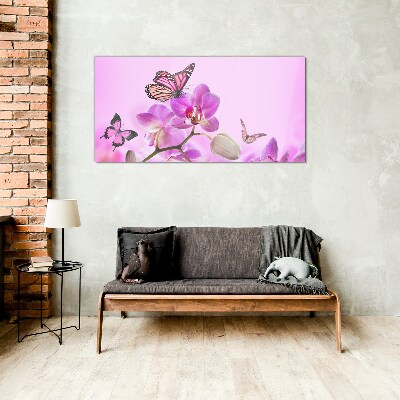 Skleneny obraz Kvety prírody motýľ