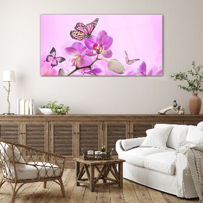 Skleneny obraz Kvety prírody motýľ