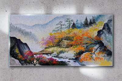 Skleneny obraz Abstrakcia horského stromu hmla