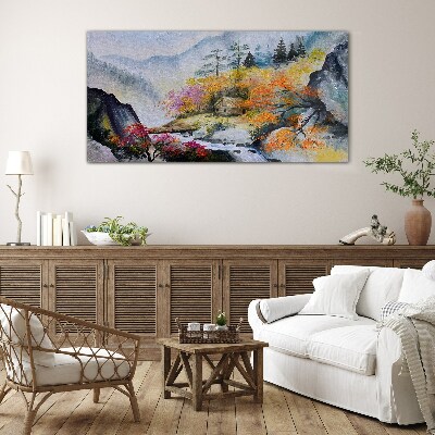 Skleneny obraz Abstrakcia horského stromu hmla