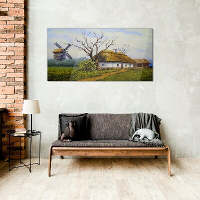 Skleneny obraz Maľovanie krajiny chata młyn