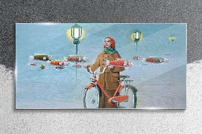 Skleneny obraz Maľovanie žien na bicykli hmla