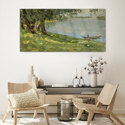 Skleneny obraz Maľovanie lodí jazero strom