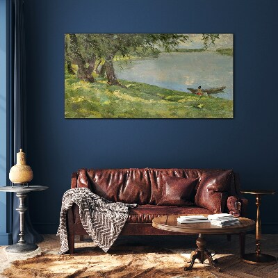 Skleneny obraz Maľovanie lodí jazero strom