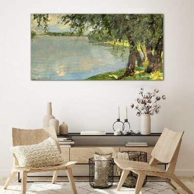 Skleneny obraz Maľovanie jazero stromy