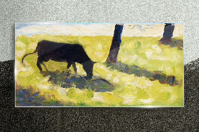 Sklenený obraz Čierna krava v seuratové lúke